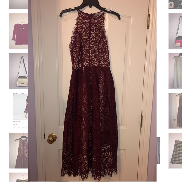 Burgundy ASOS Lace Pinny Scallop Edge Midi Dress - Picture 5 of 8
